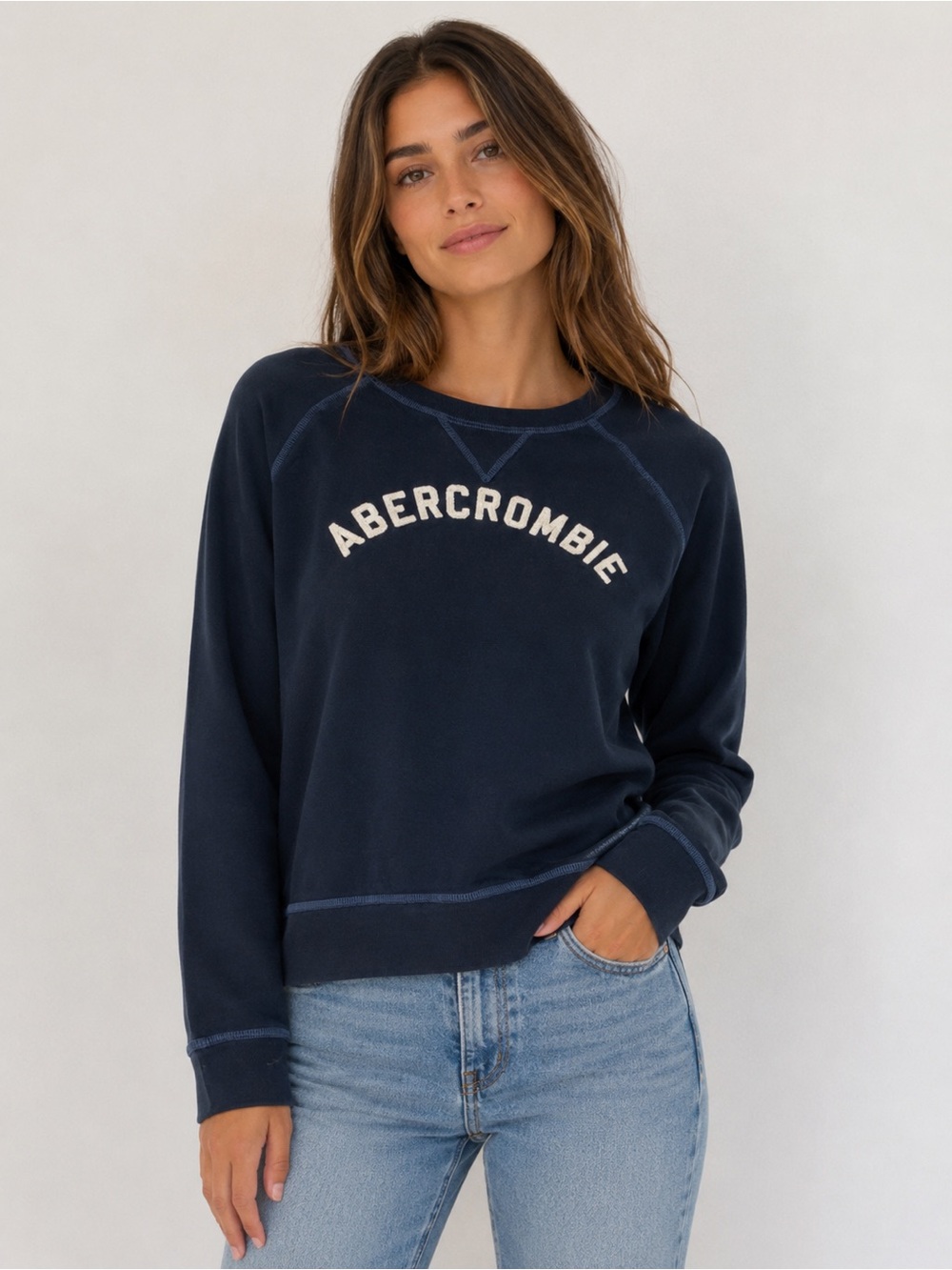 Abercrombie & Fitch Navy Crewneck Sweatshirt with White Embroidered Logo -Small